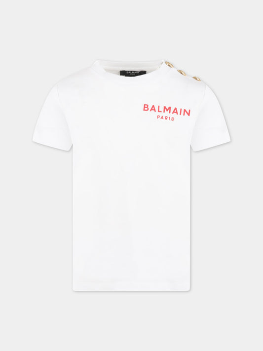 T-shirt bianca per bambino con logo rosso e iconici bottoni,Balmain Kids,BS8P21 Z0057 100