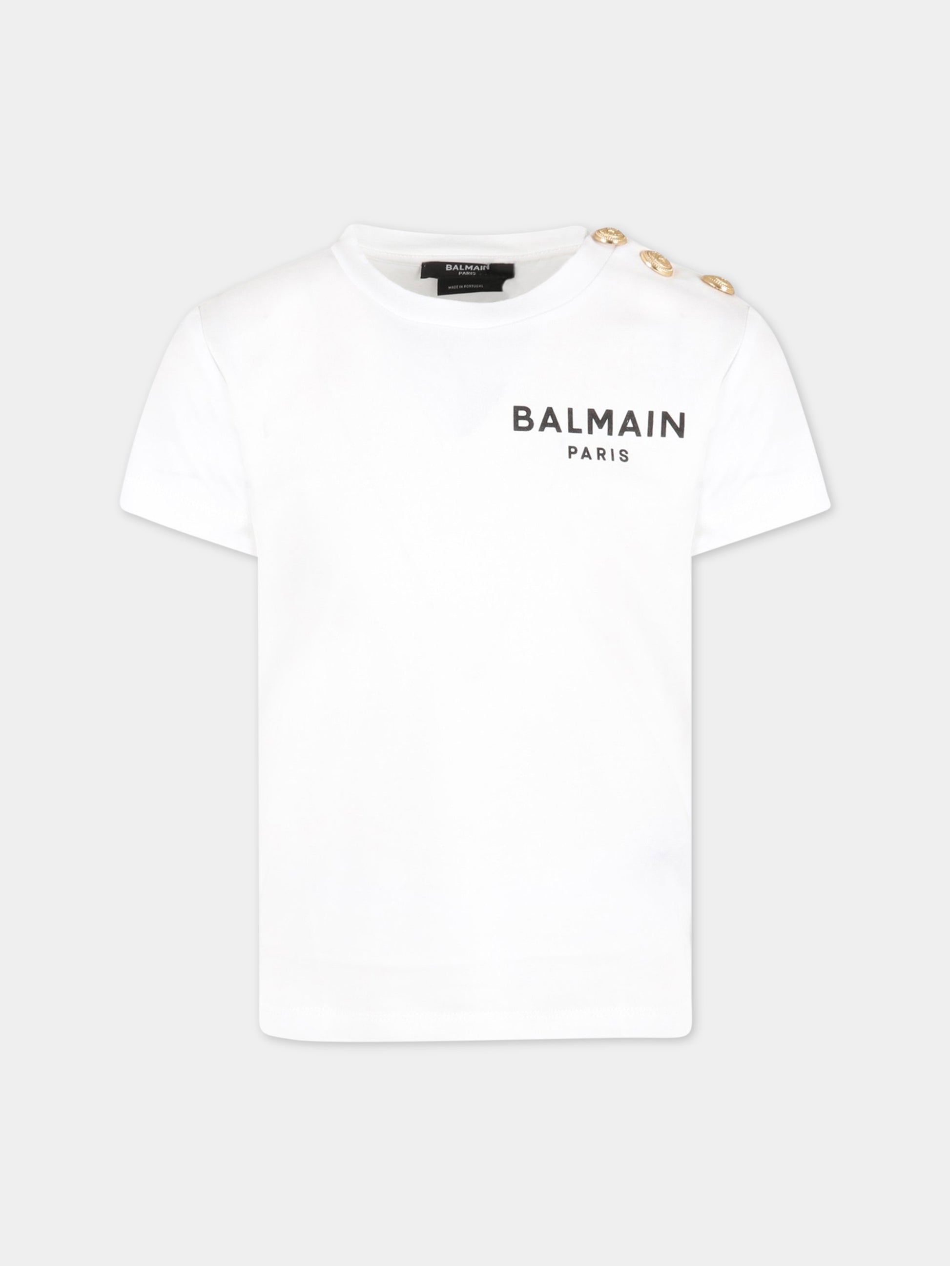 T-shirt bianca per bambino con logo nero e iconici bottoni,Balmain Kids,BS8P21 Z0057 100OR