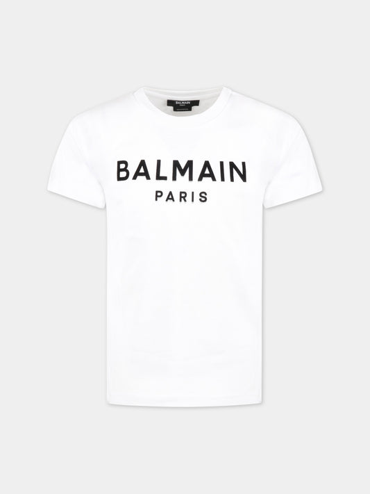 T-shirt bianca per bambini con logo nero in velluto,Balmain Kids,BS8P31 Z0082 100NE