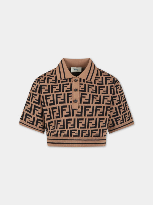 Maglione marrone per bambina con FF nere,Fendi Kids,JFG113 AEYD F15B6