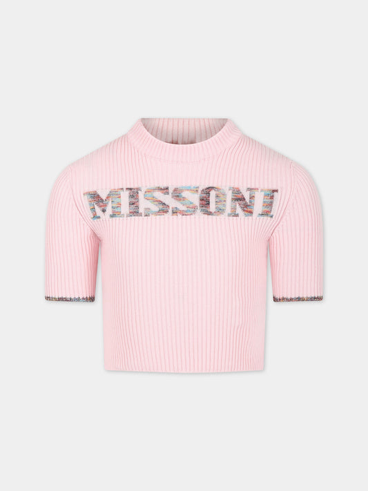 Maglione rosa per bambina con logo multicolor ricamato,Missoni,MS9A11 X0007 501