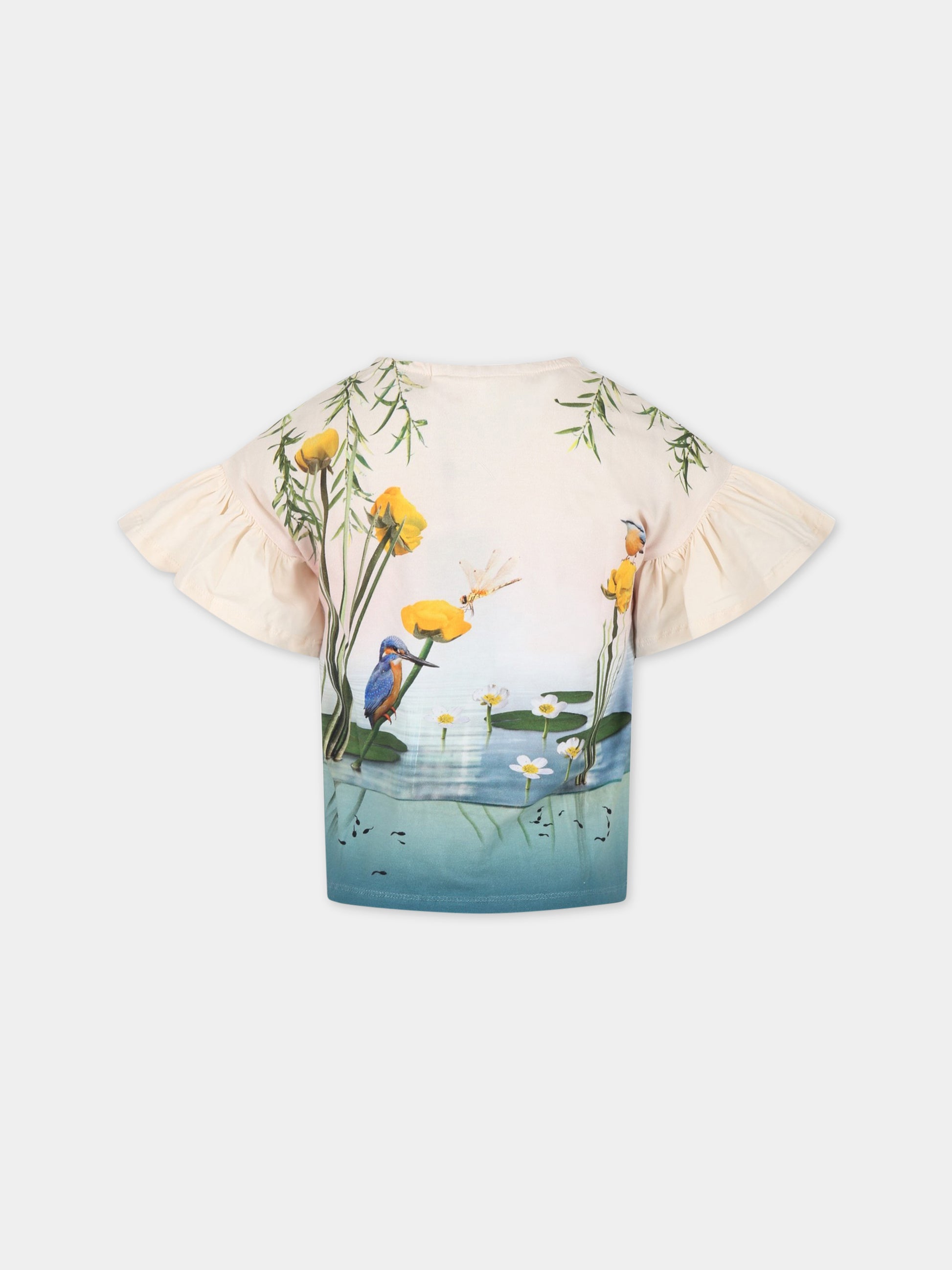 T-shirt avorio per bambina con uccelli e patch logato,Molo,2S23A214 7974