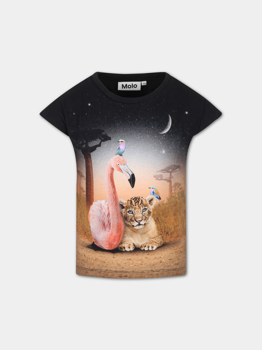 T-shirt nera per bambina con animali,Molo,2S23A226 3235