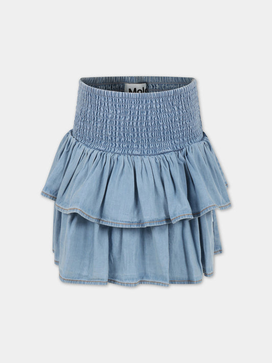 Gonna azzurra per bambina con rouches e patch logato,Molo,2S23D112 8746