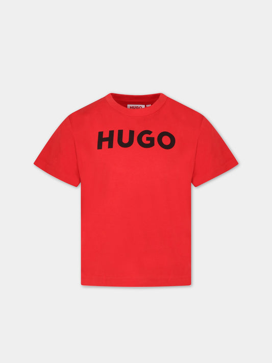 T-shirt rossa per bambino con logo nero,Hugo,G25102 990