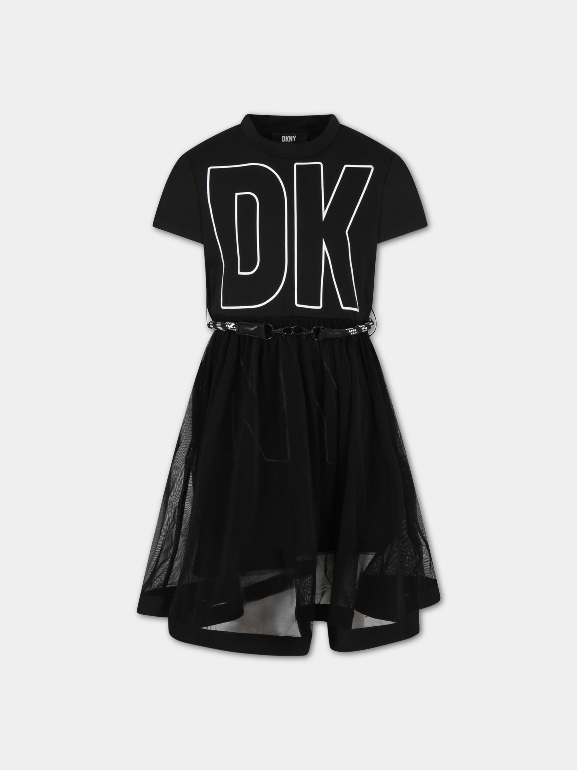 Vestito nero per bambina con logo bianco,Dkny,D32867 09B