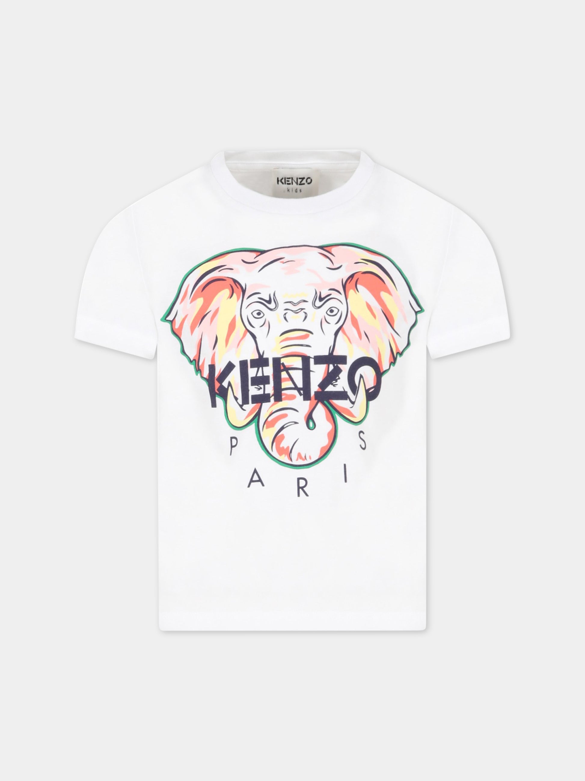 T-shirt bianca per bambina con elefante e logo,Kenzo Kids,K15619 10P