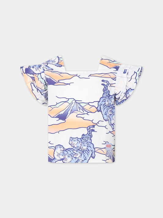 T-shirt bianca per bambina con stampa e logo,Kenzo Kids,K15637 10P