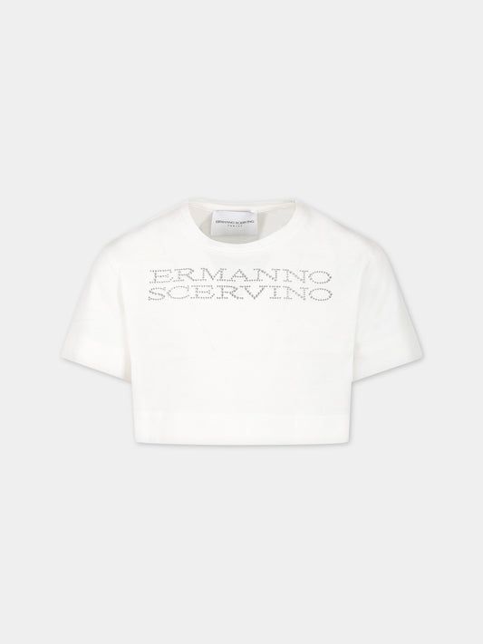T-shirt bianca per bambina con logo,Ermanno Scervino Junior,SFTS063C JE200 0005