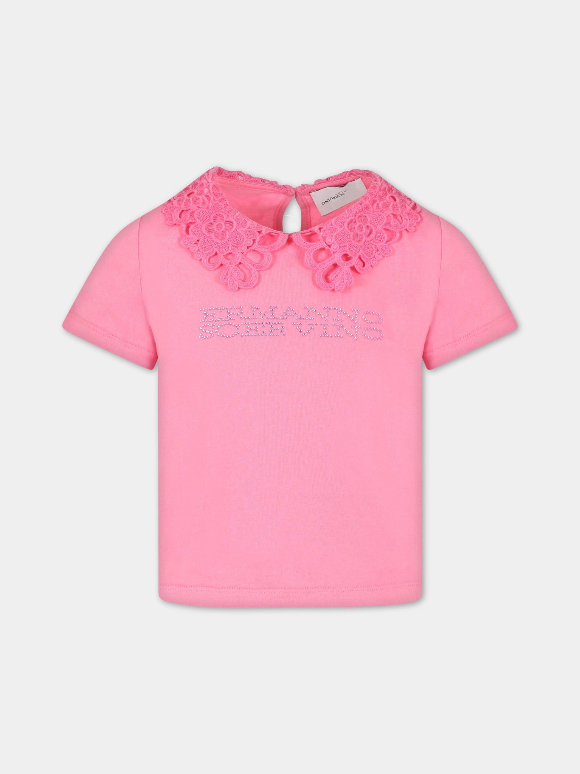 T-shirt fuchsia per bambinna con logo,Ermanno Scervino Junior,SFTS062C JE201 3000