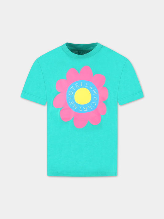 T-shirt verde per bambina con fiore e logo,Stella Mccartney Kids,TS8B01 Z0434  716