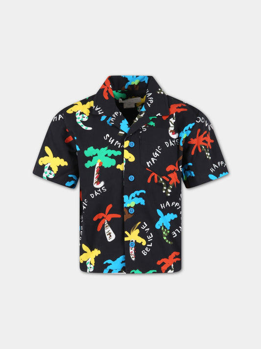 Camicia nera per bambino con palme  e scritte bianche,Stella Mccartney Kids,TS5P31 Z0974 930MC
