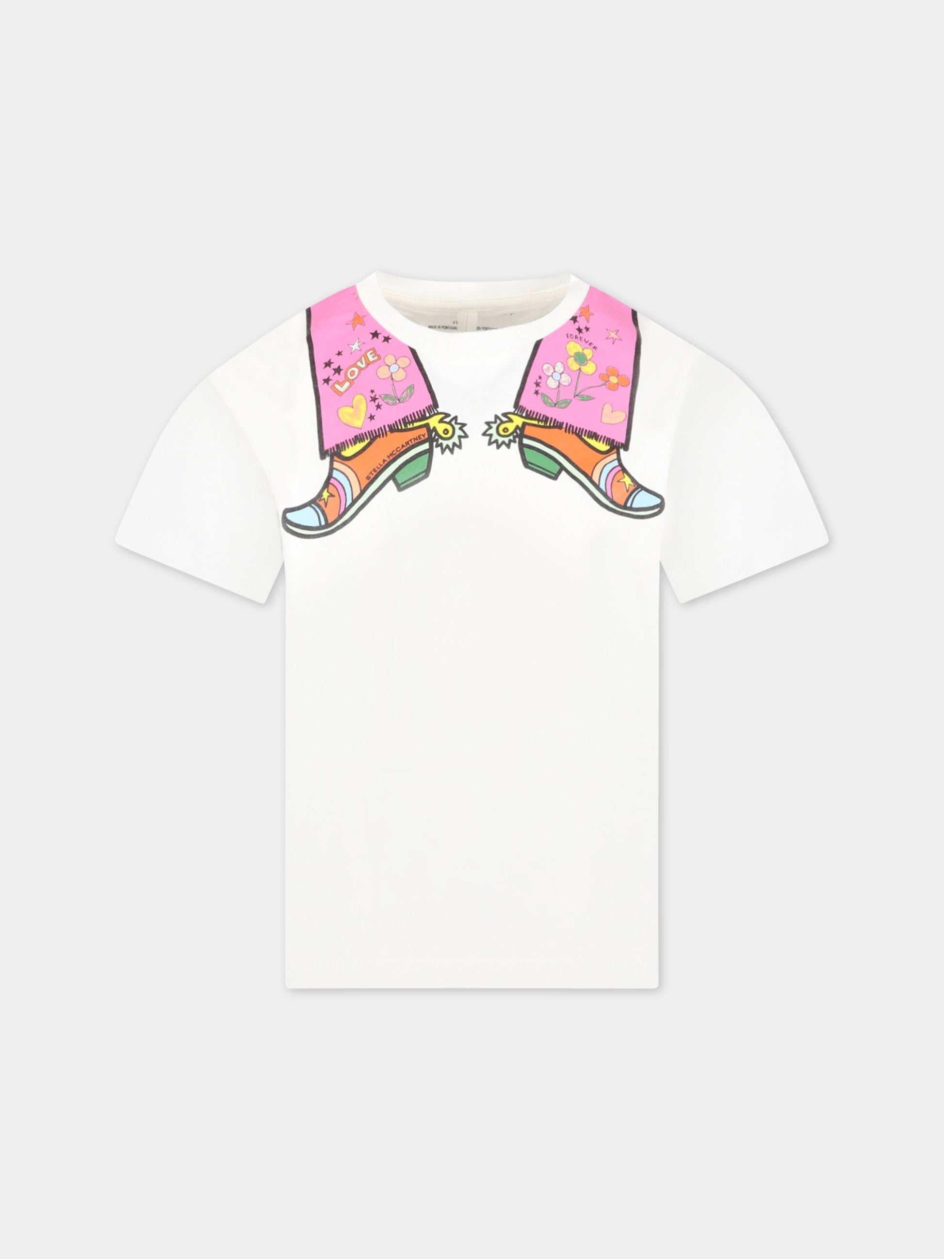 T-shirt bianca per bambina con stivali e logo,Stella Mccartney Kids,TS8D31 Z0434 101