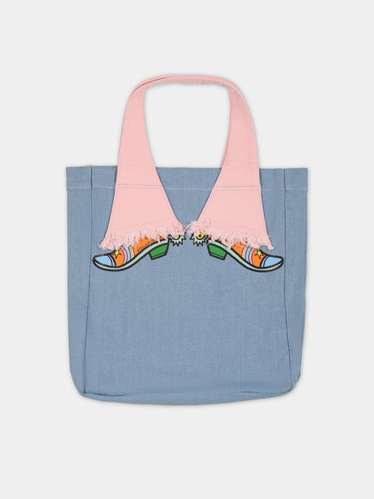Borsa celeste per bambina con stampa stivali e logo,Stella Mccartney Kids,TS0B18 Z0153 604