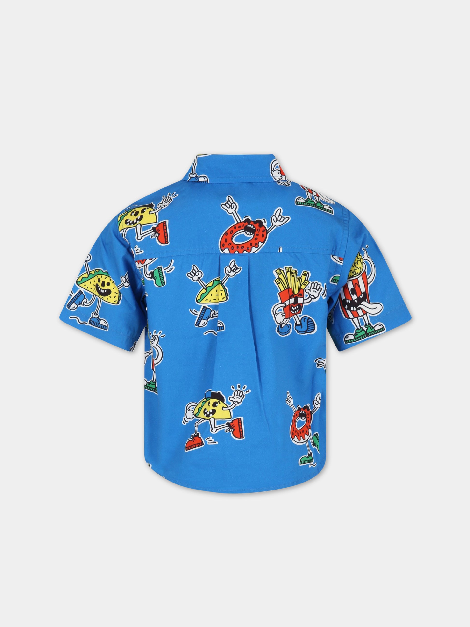Camicia azzurra per bambino con cibo animato,Stella Mccartney Kids,TS5P11 Z0976 611MC