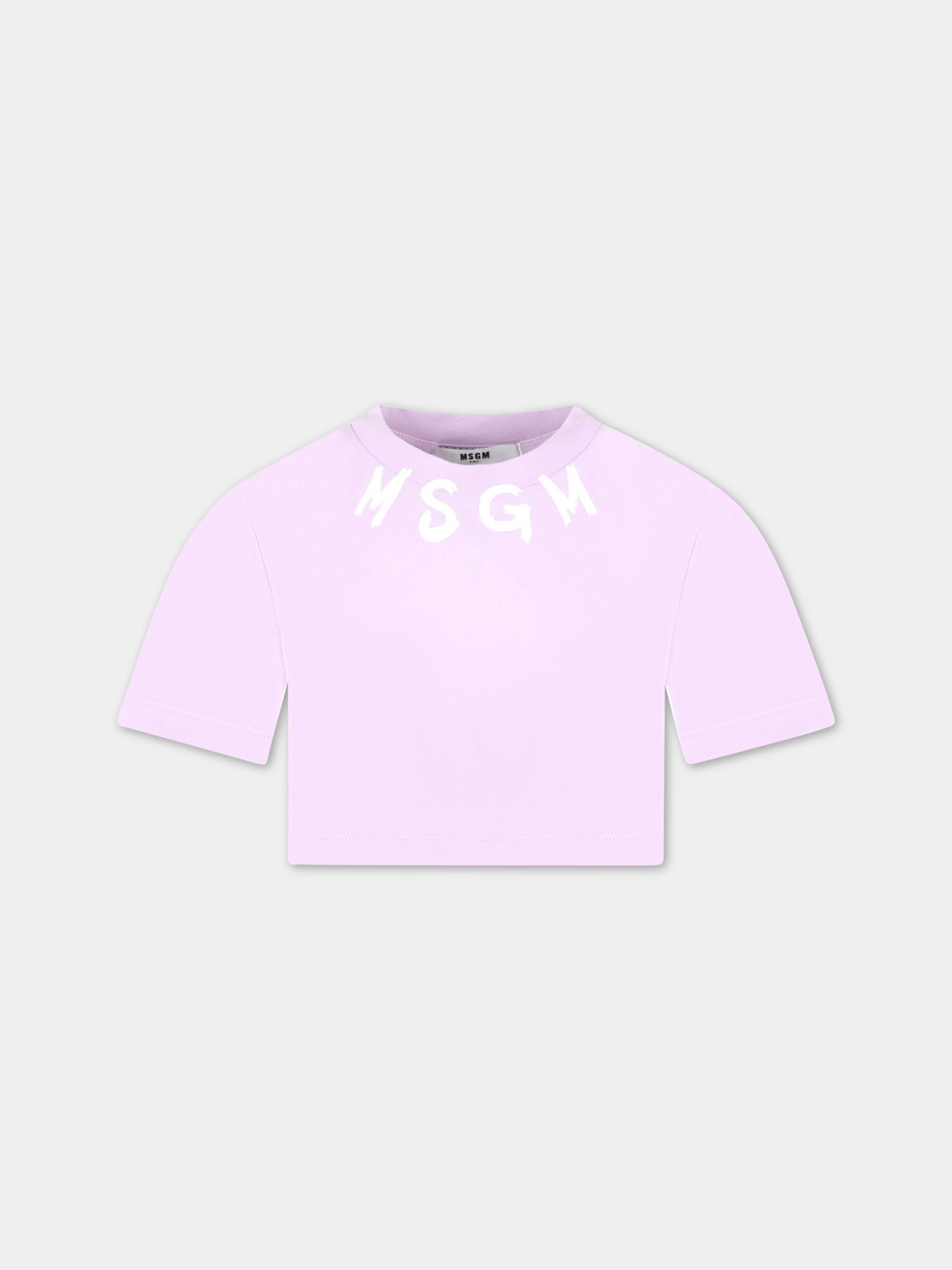 T-shirt viola corta per bambina con logo bianco,Msgm Kids,MS029339 071