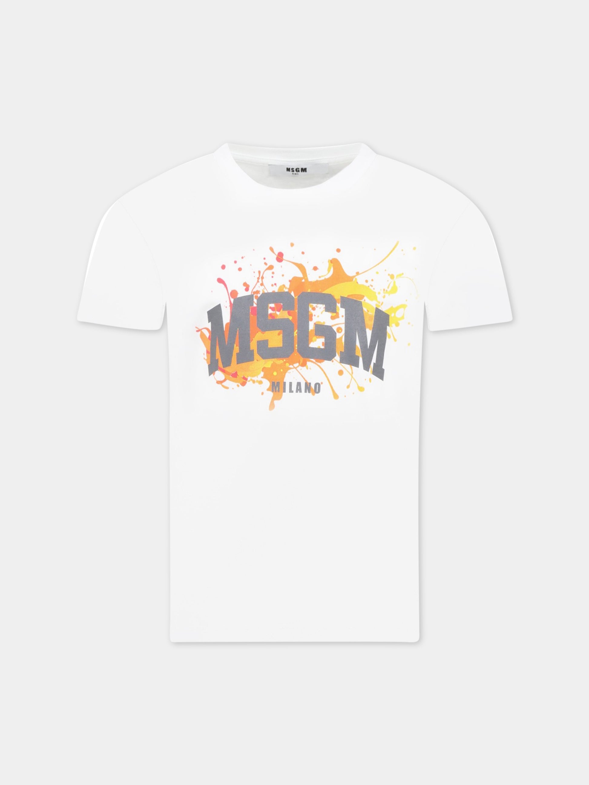 T-shirt bianca per bambino con logo grigio e stampa multicolor,Msgm Kids,MS029545 001