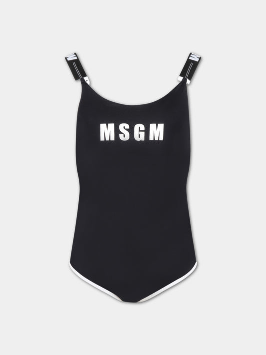 Costume nero da bagno per bambina con logo bianco,Msgm Kids,MS029343 110