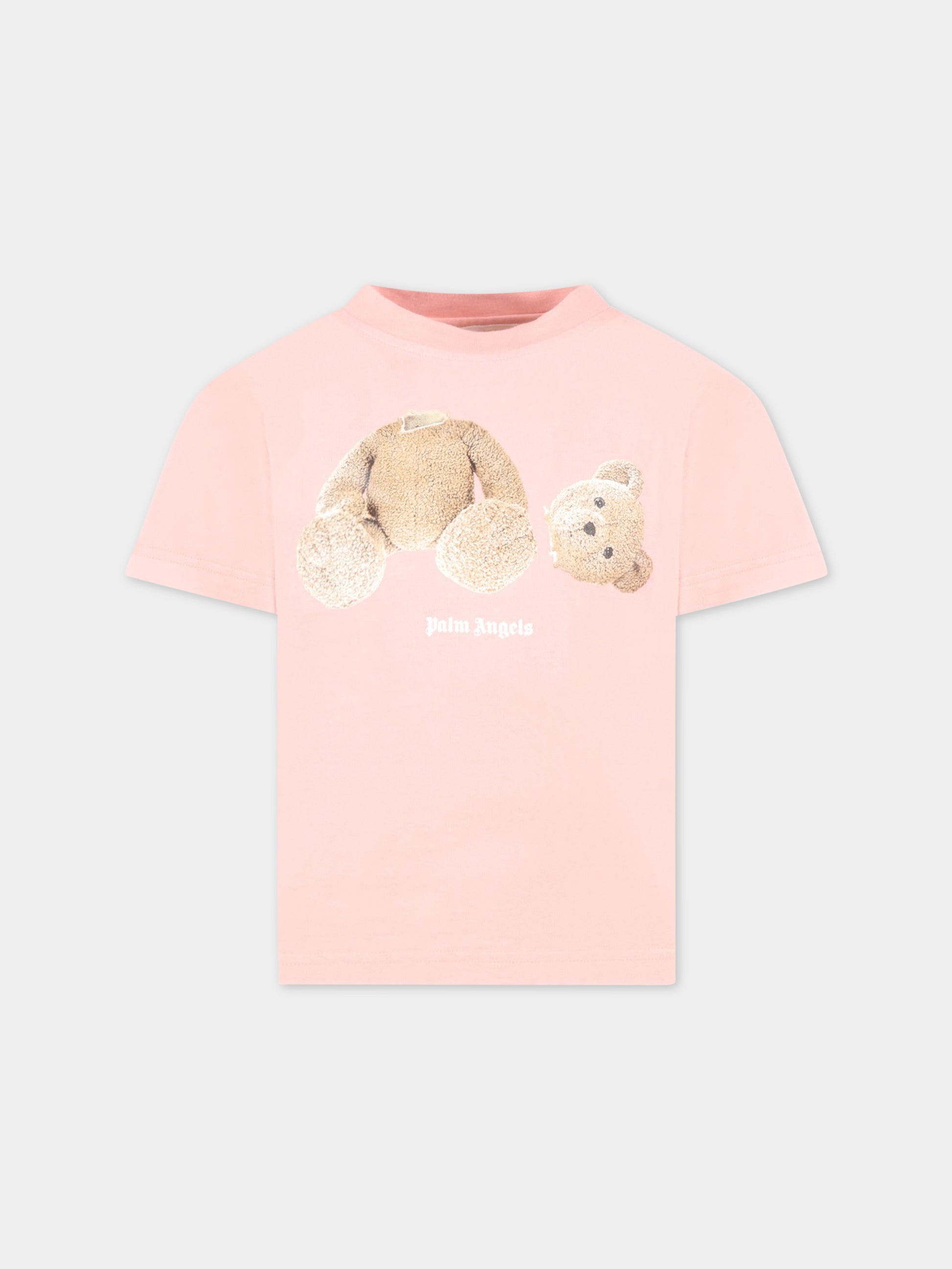 T-shirt rosa per bambina con orso e logo bianco,Palm Angels,PGAA002C99JER0013060