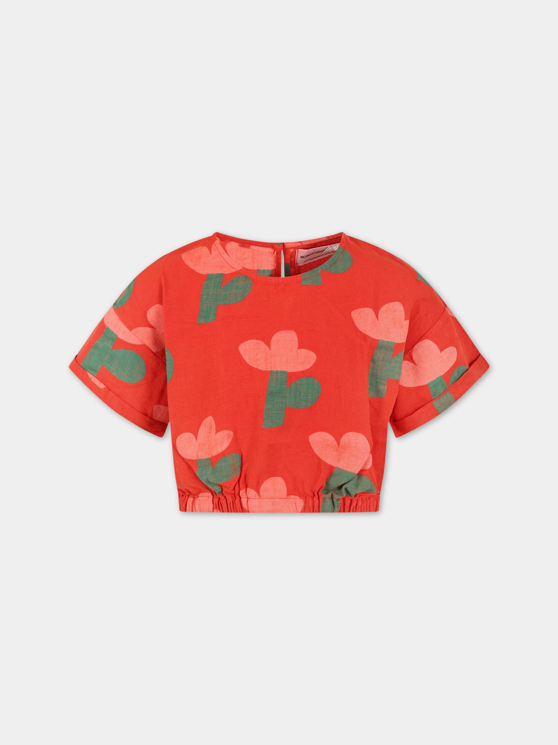 T-shirt rosso per bambina con fiori all-over e logo,Bobo Choses,123AC102