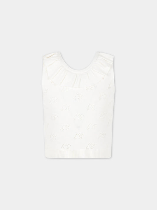Maglia bianca per bambina con rouches e ciliegie all-over,Bonpoint,S03GJUK00008 002