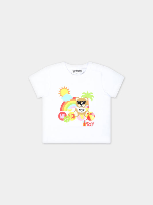 T-shirt bianca per neonati con Teddy Bear sulla spiaggia,Moschino Kids,MMM031 LBA08 10101