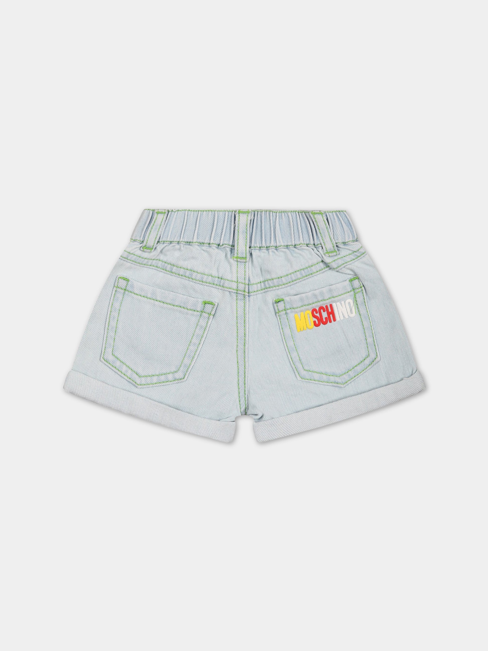 Shorts celesti per neonato con patch e logo,Moschino Kids,MUQ00Q L0E12 40213
