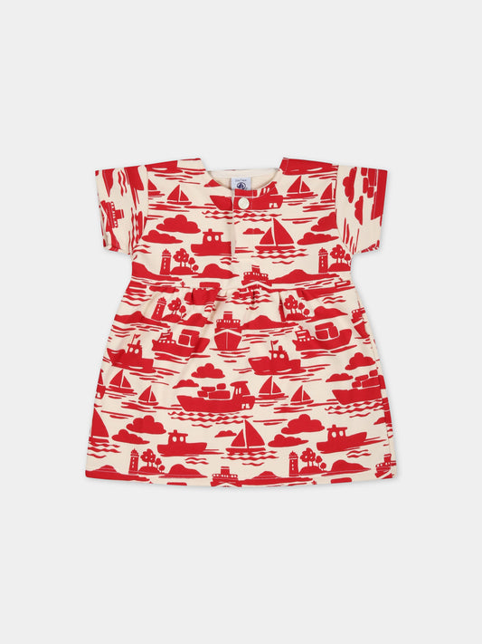 Vestito beige per neonata con navi rosse,Petit Bateau,A0782 AVALANCHE/ROUGE