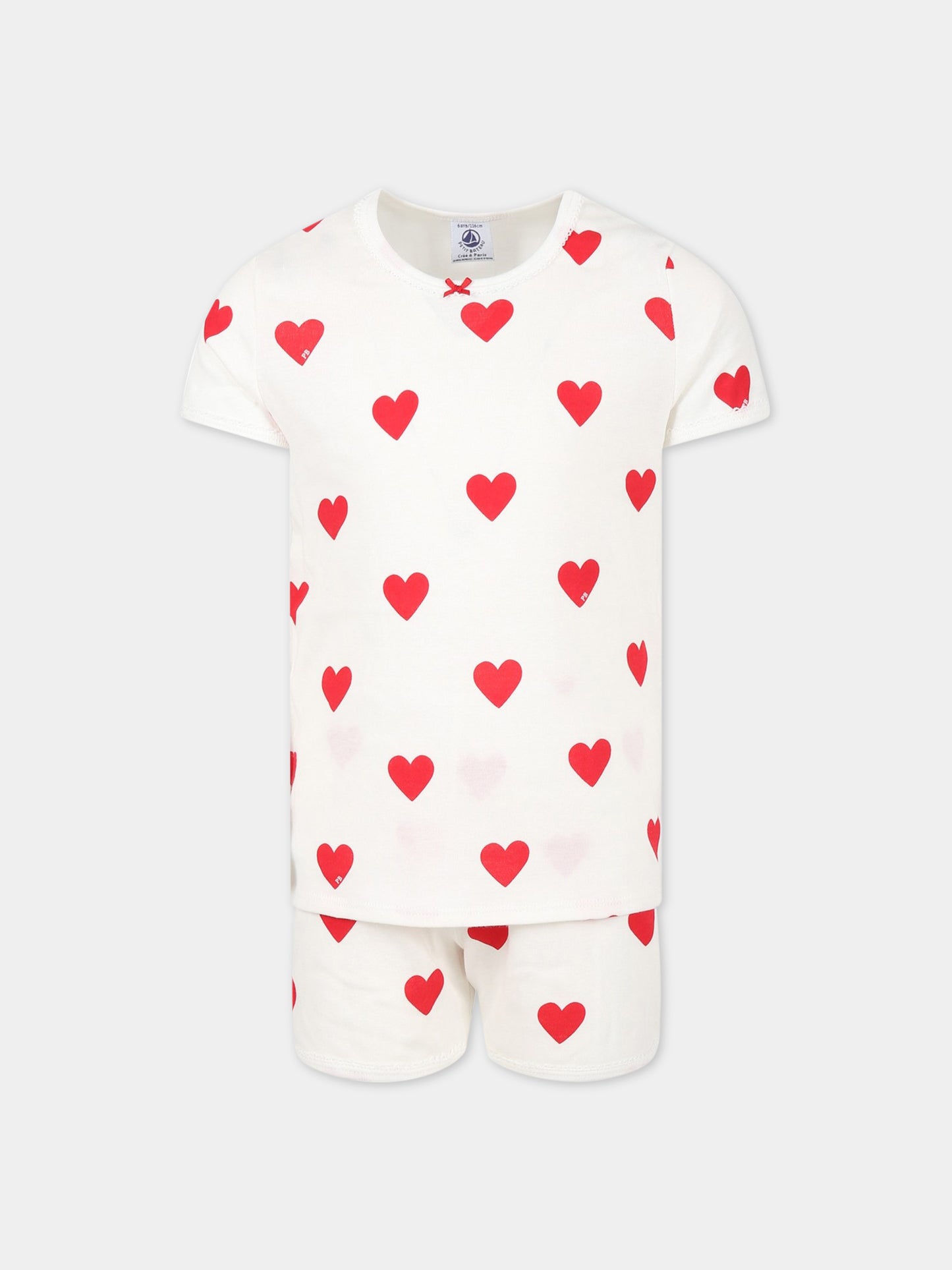 Pigiama bianco per bambina con cuori logati,Petit Bateau,A00KG MARSHMALLOW/TERKUIT