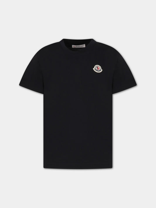 T-shirt nera per bambino con patch logato,Moncler Kids,954 8C00033 83907 999