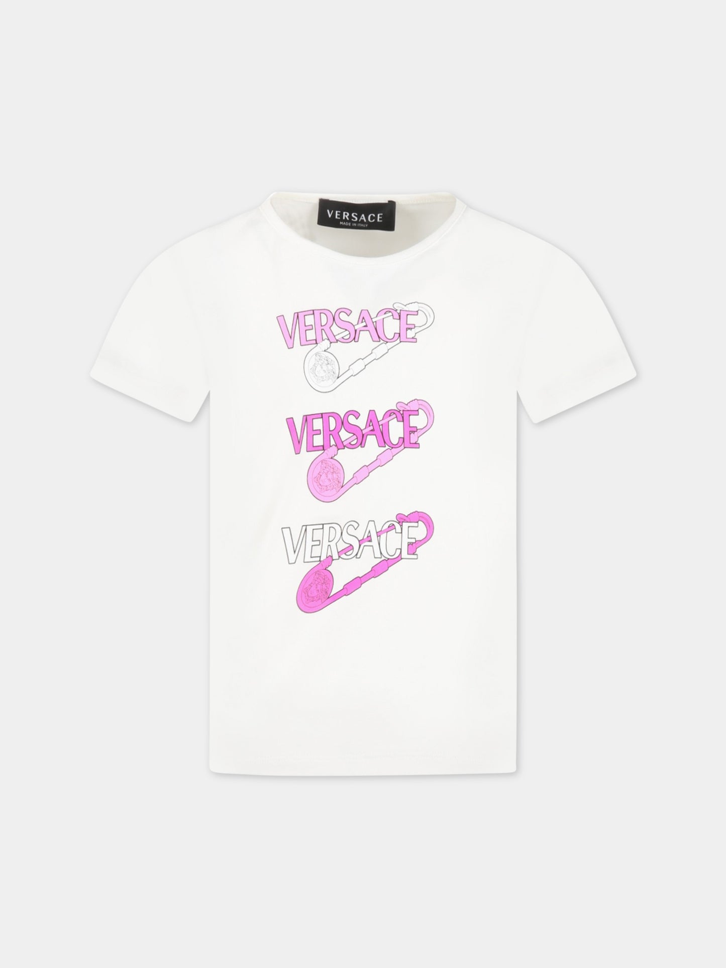 T-shirt bianca per bambina con loghi e Spille Safety,Versace,1009092 1A06482 2W070
