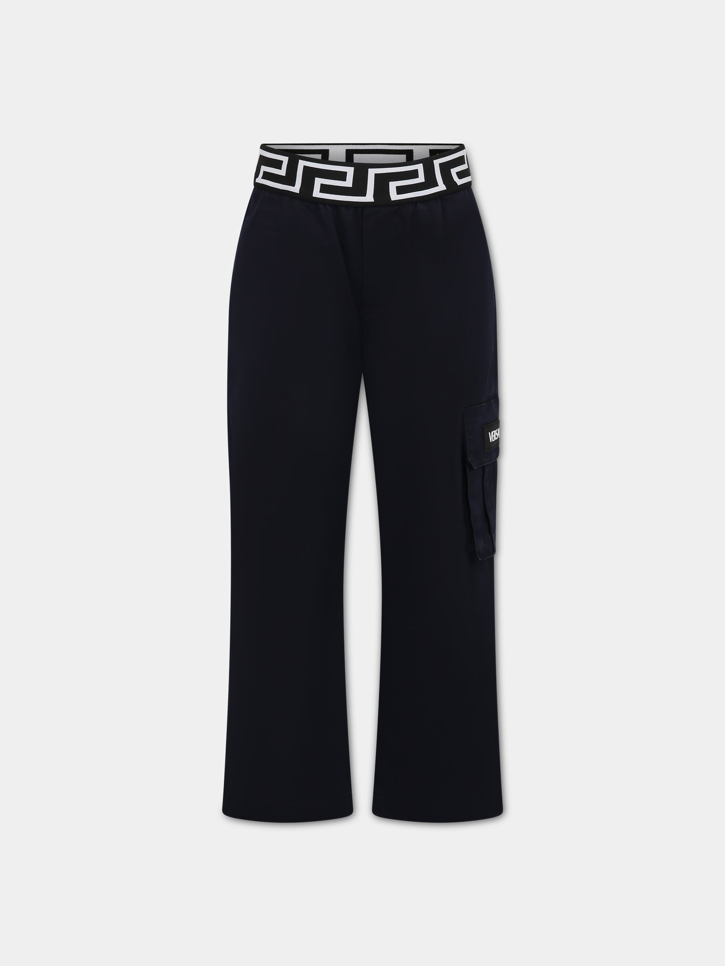 Pantaloni blu per bambino con iconica Greca e logo,Versace,1002266 1A06498 1U180