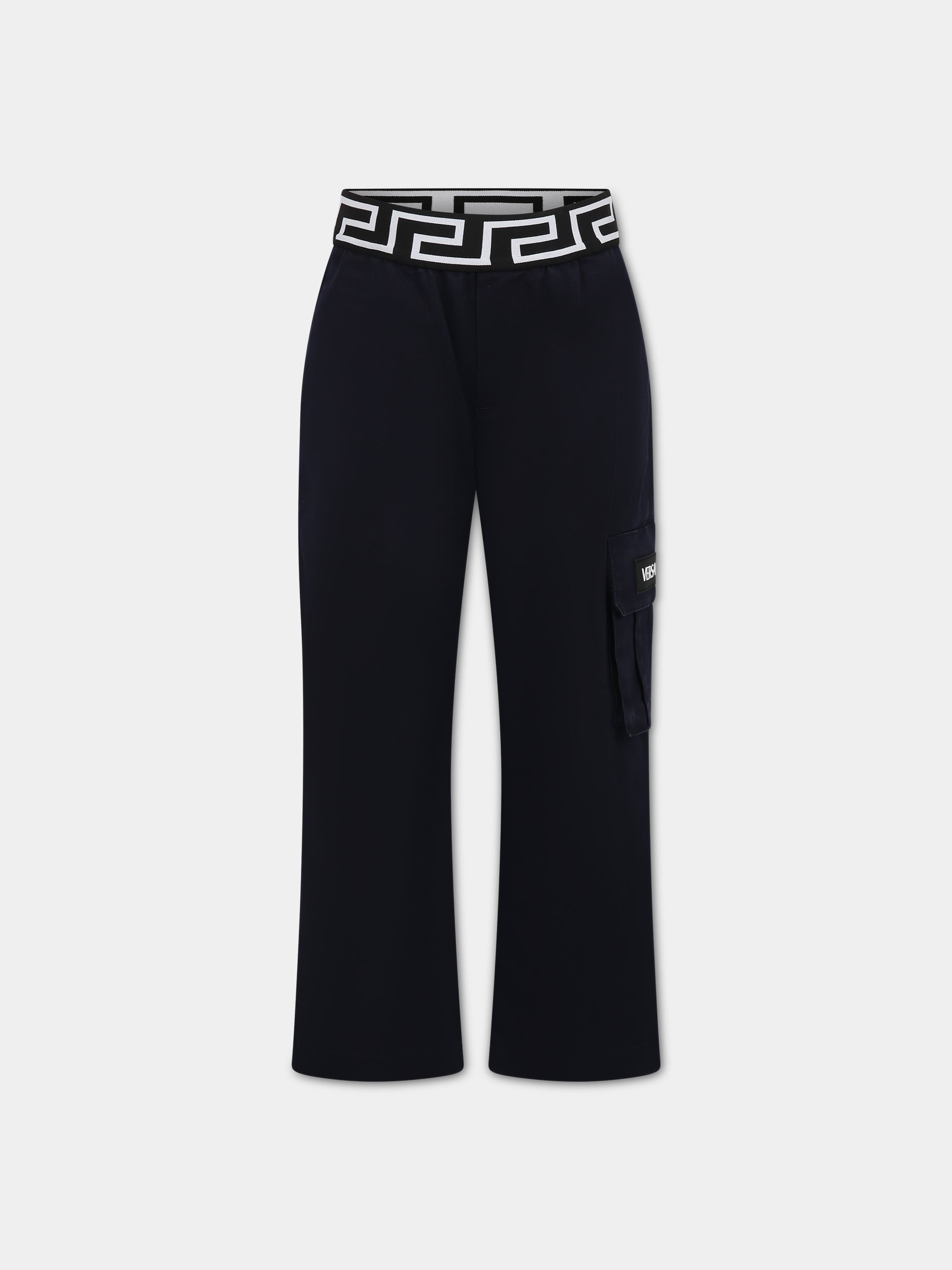 Pantaloni blu per bambino con iconica Greca e logo,Versace,1002266 1A06498 1U180