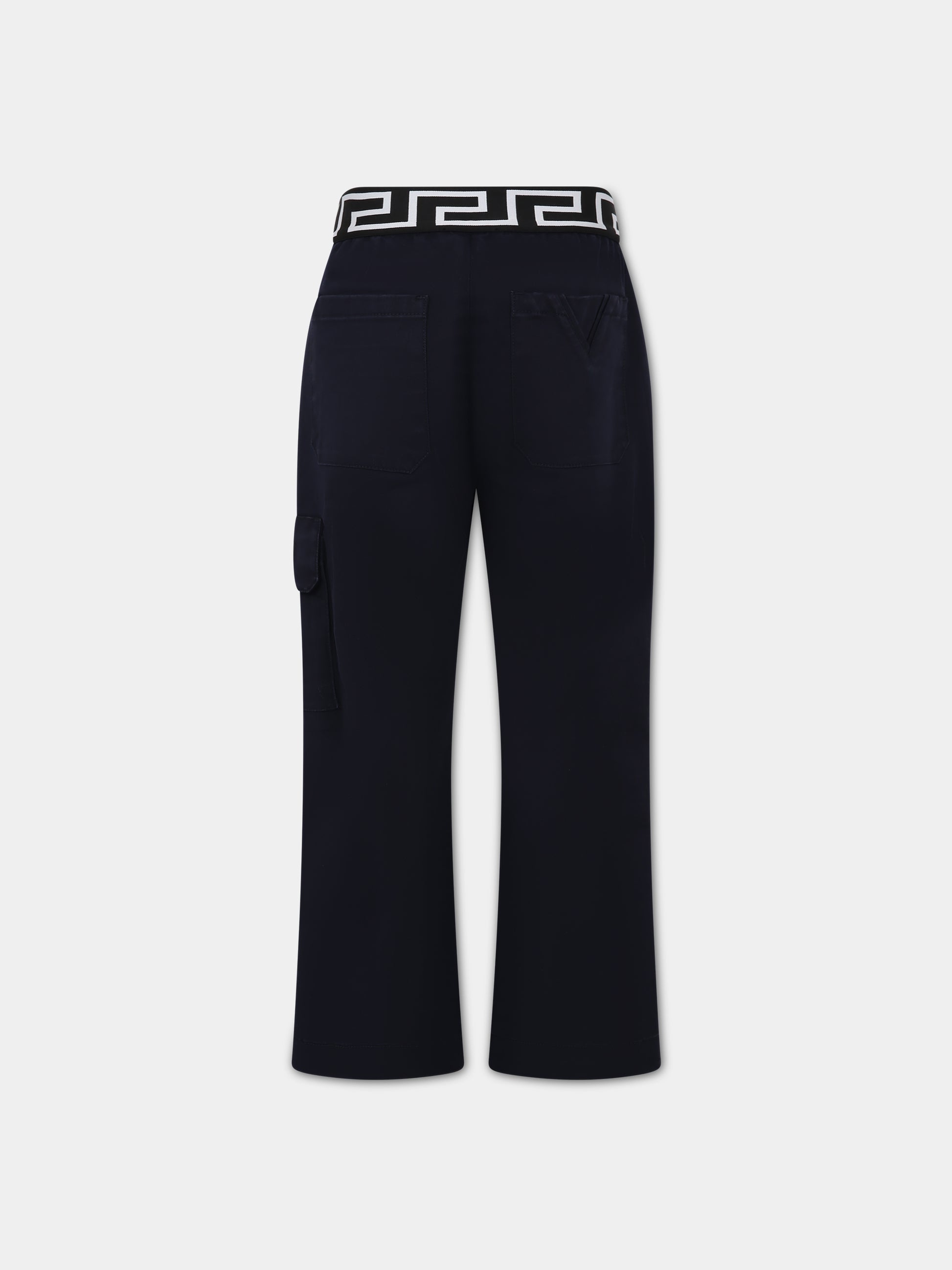 Pantaloni blu per bambino con iconica Greca e logo,Versace,1002266 1A06498 1U180