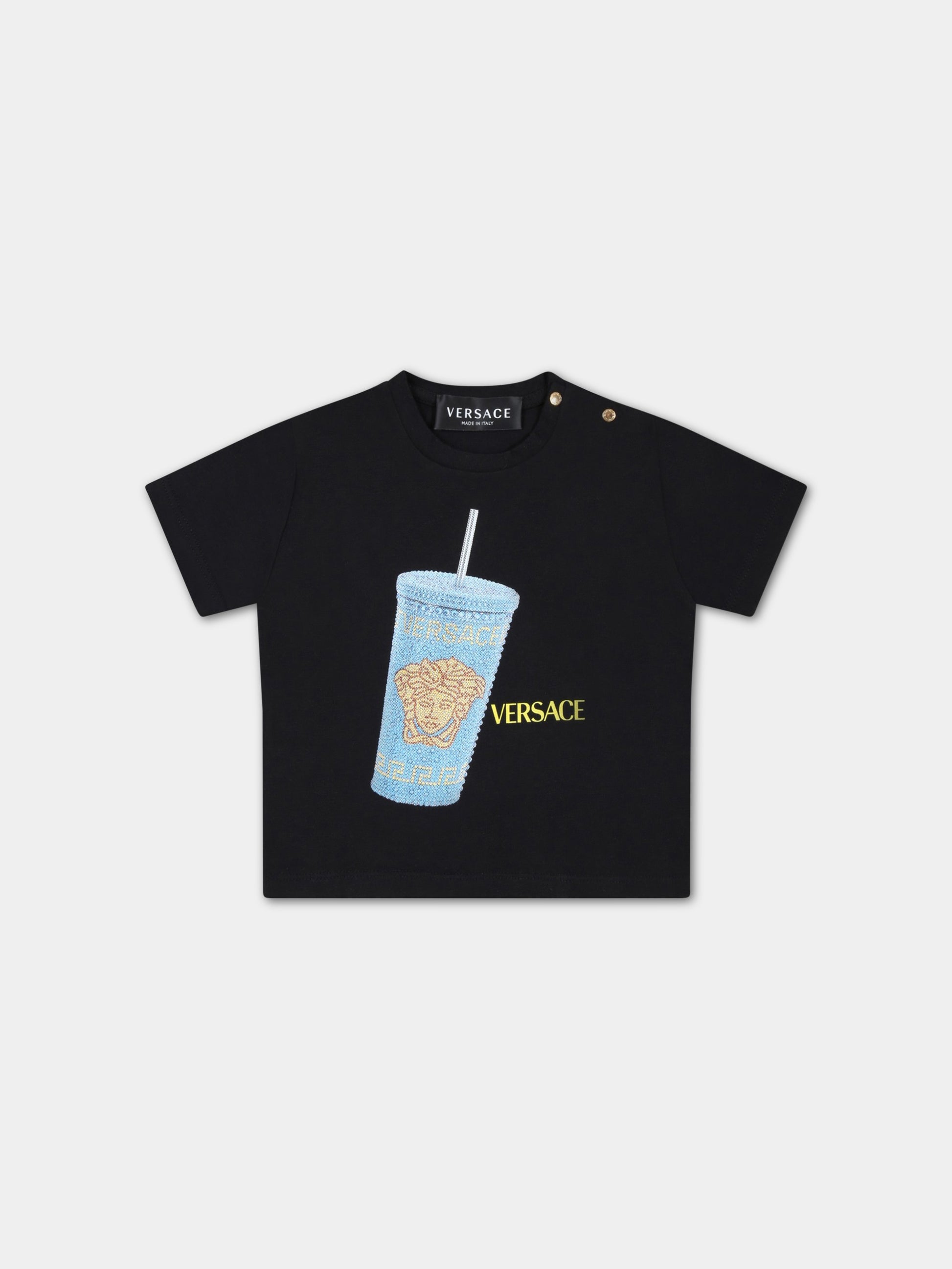 T-shirt nera per neonato con logo giallo,Versace,1000102 1A05779 2BE00