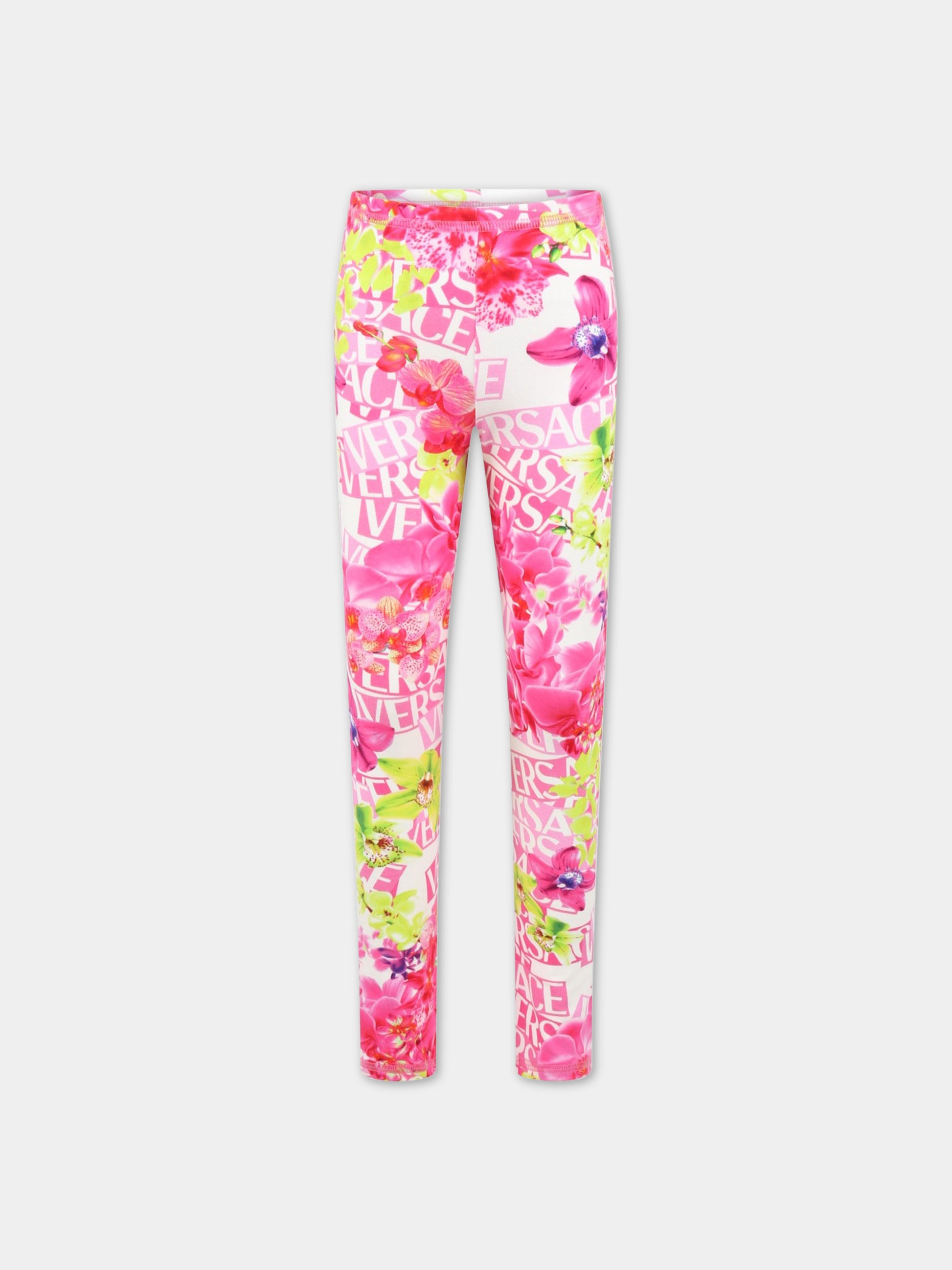 Leggings bianchi per bambina con logo e fiori,Versace,1000042 1A06474 5W020