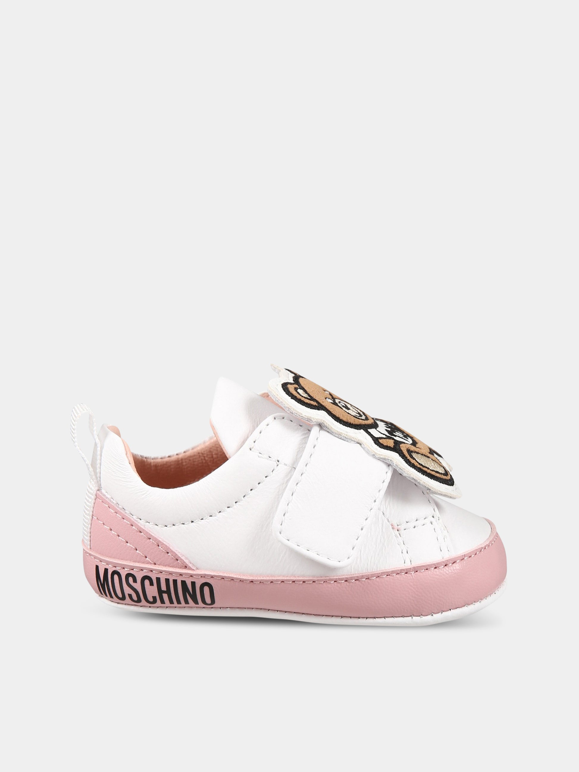 Sneakers bianche per neonata con logo e Teddy Bear,Moschino Kids,74270 1