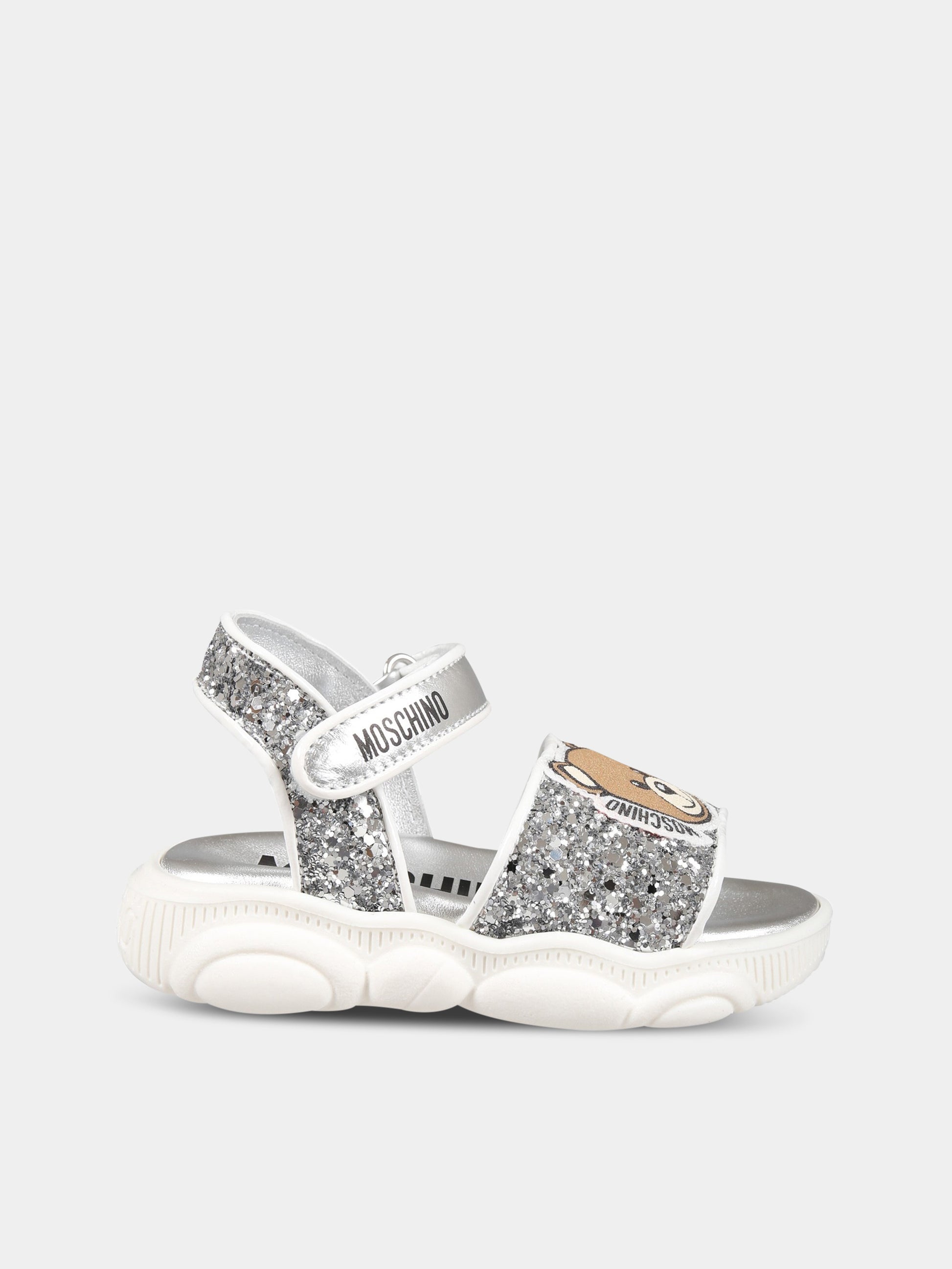 Sandalo argento per bambina con Teddy Bear, ape e logo,Moschino Kids,74316 1