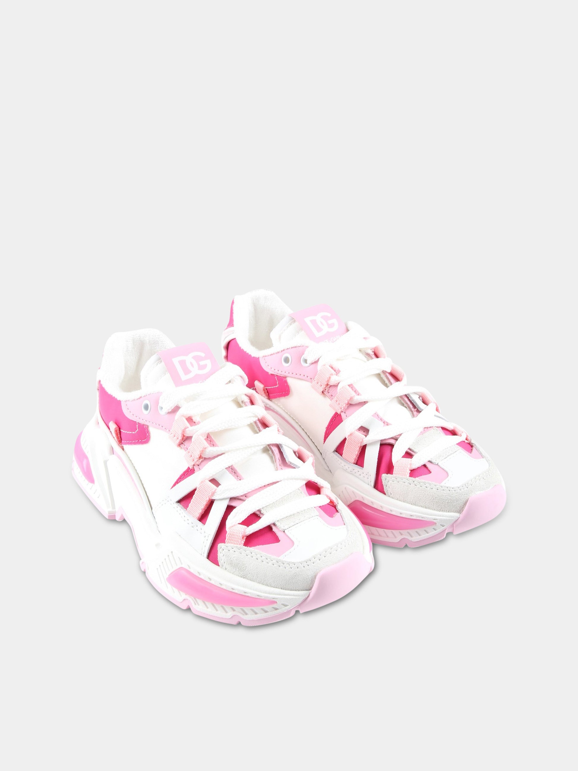 Sneakers bianche per bambina con dettagli rosa e fucsia,Dolce & Gabbana Kids,DA5118 AA399 8V436
