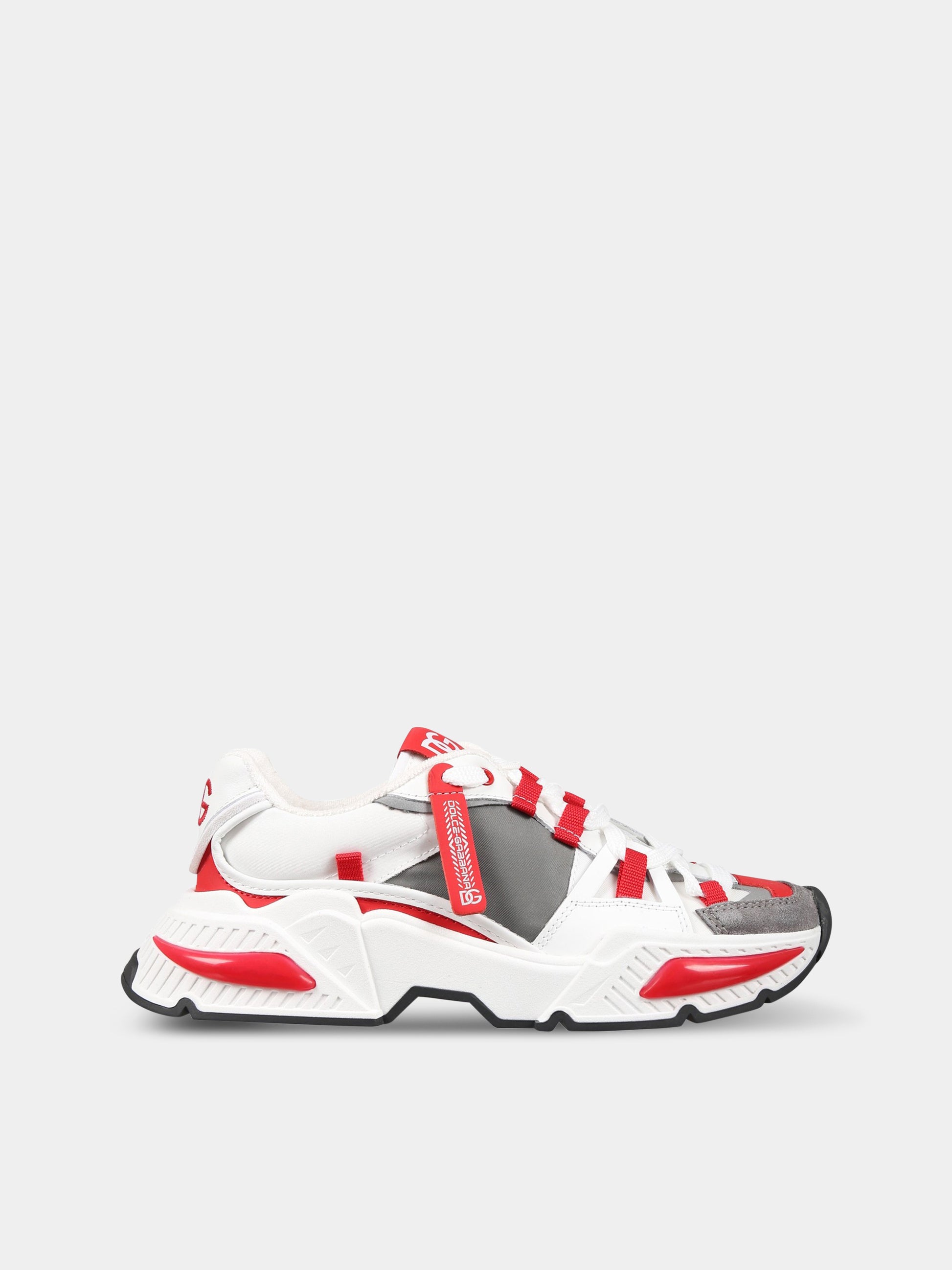 Sneakers bianche per bambino con logo e dettagli rossi,Dolce & Gabbana Kids,DA5118 AY608 8E065