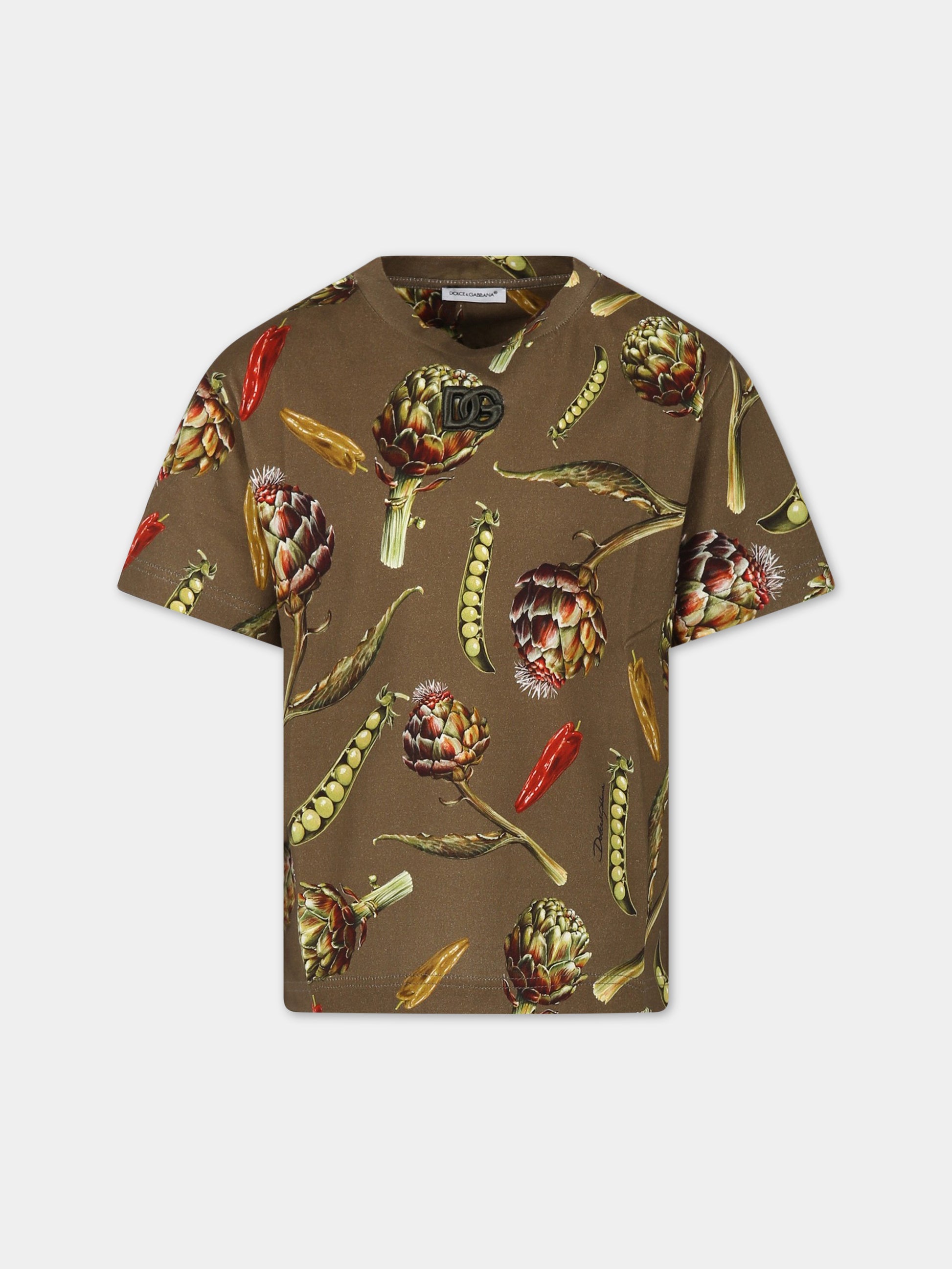 T-shirt verde per bambino con stampa iconica e logo,Dolce & Gabbana Kids,L4JTGM G7I2Z S9000