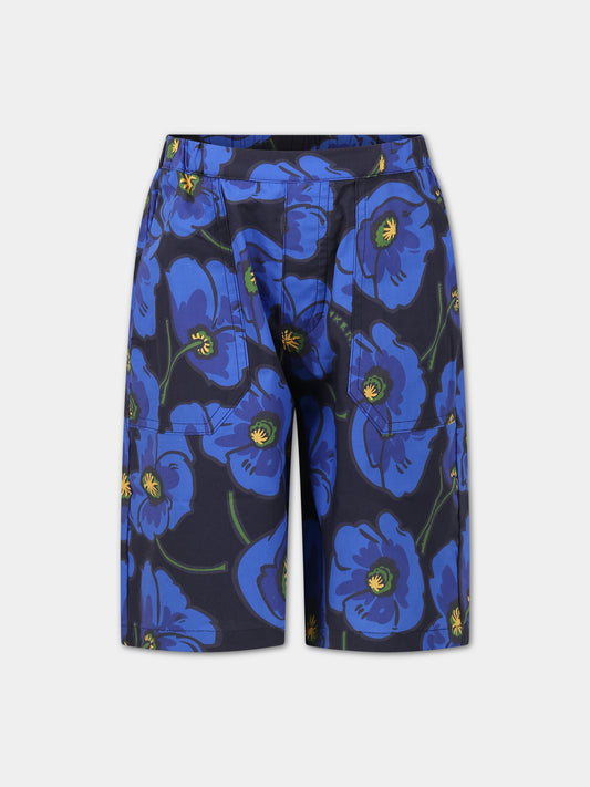 Shorts blu per bambino con iconici papaveri e logo,Kenzo Kids,K24322 845
