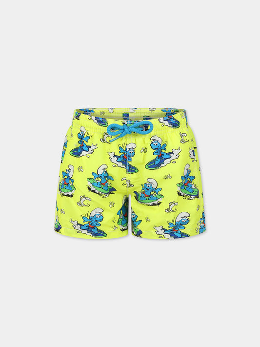 Boxer mare giallo per bambino con stampa Puffo e logo,Mc2 Saint Barth,JEAN SMURF SURF 94