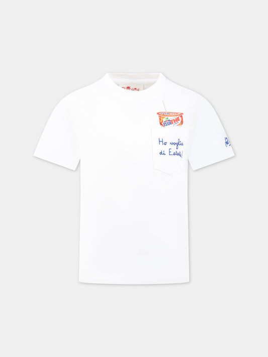 T-shirt bianca per bambini con stampa Estathé, scritta  Ho voglia di Estate  e logo,Mc2 Saint Barth,EDDY PEACH ESTATHE 01N EMB