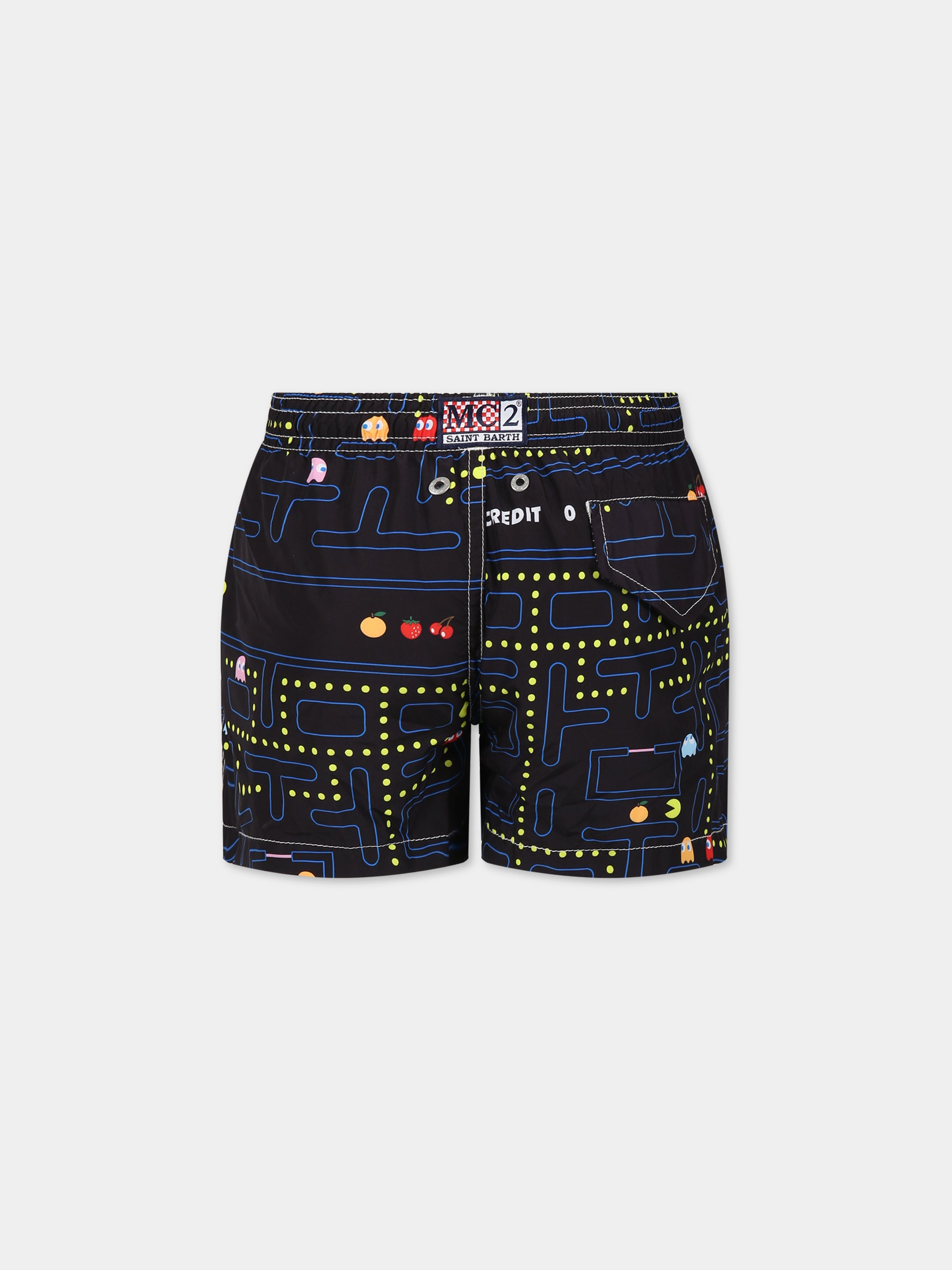 Boxer-mare nero per bambino con stampa pacman e logo,Mc2 Saint Barth,JEAN LIGHTING ACTION PACMAN 00