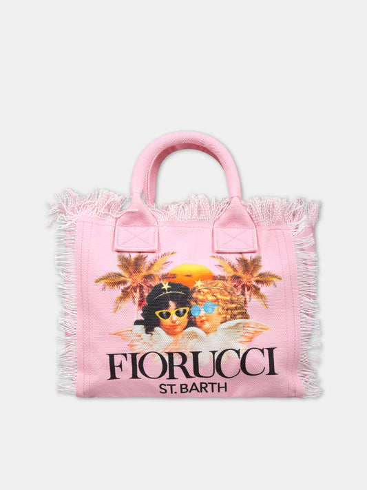 Borsa rosa per bambina con stampa Fiorucci Angels e logo,Mc2 Saint Barth,COLETTE ANGELS PALM 21 FIORUCCI
