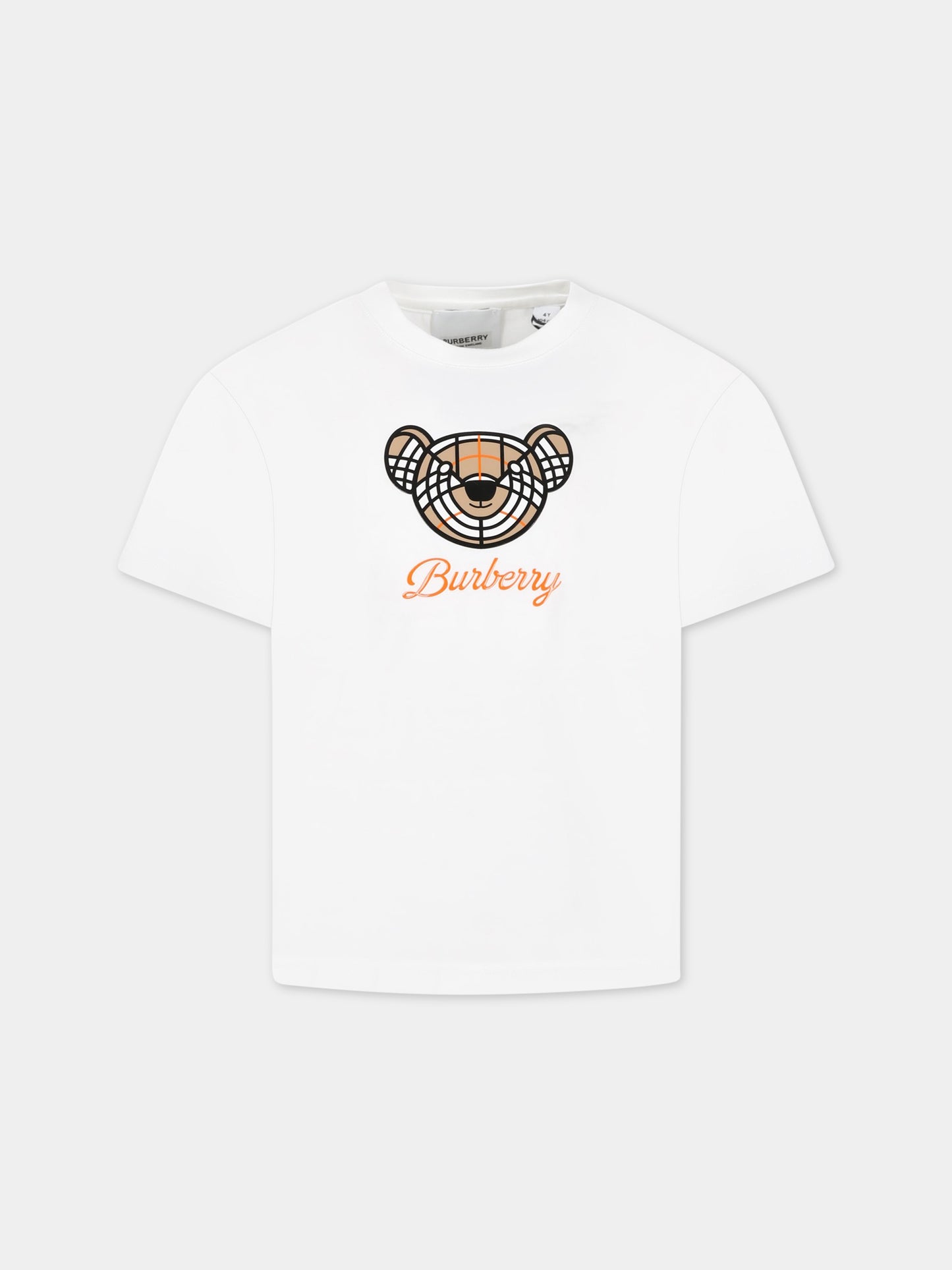 T-shirt bianca per bambino con iconico Thoamas Bear e logo,Burberry Kids,8062151