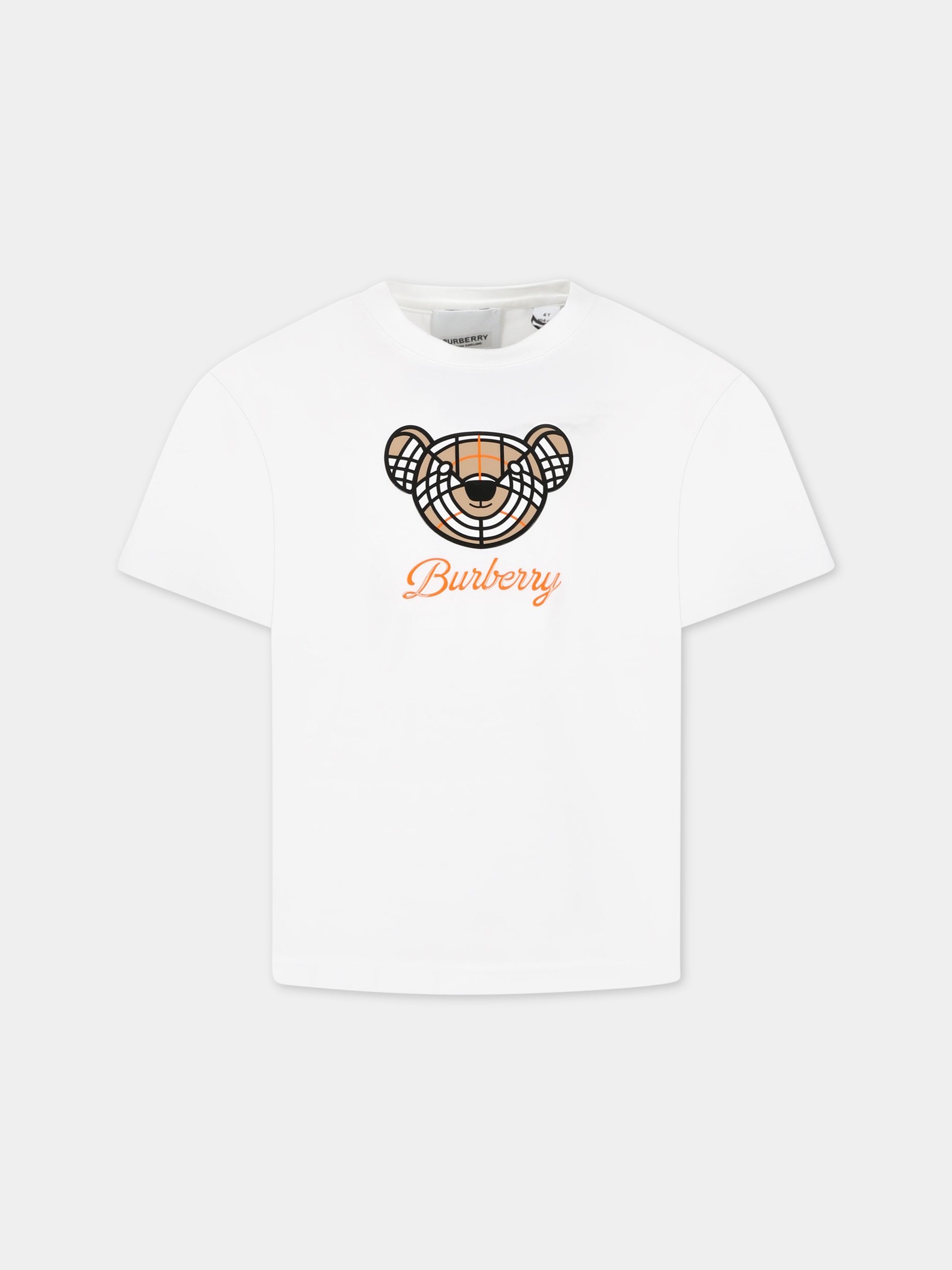T-shirt bianca per bambino con iconico Thoamas Bear e logo,Burberry Kids,8062151