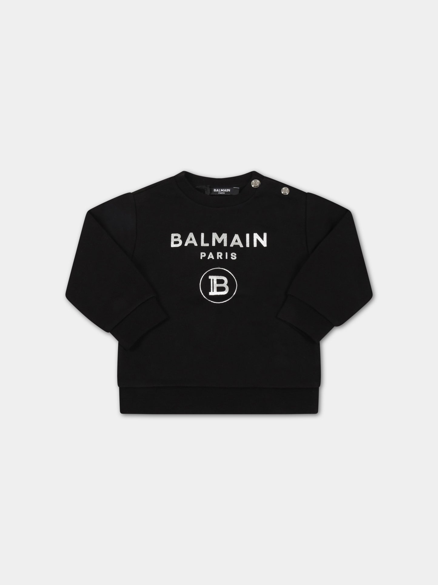 Felpa nera per neonata con loghi argentati,Balmain Kids,6R4530 Z0739 930AG