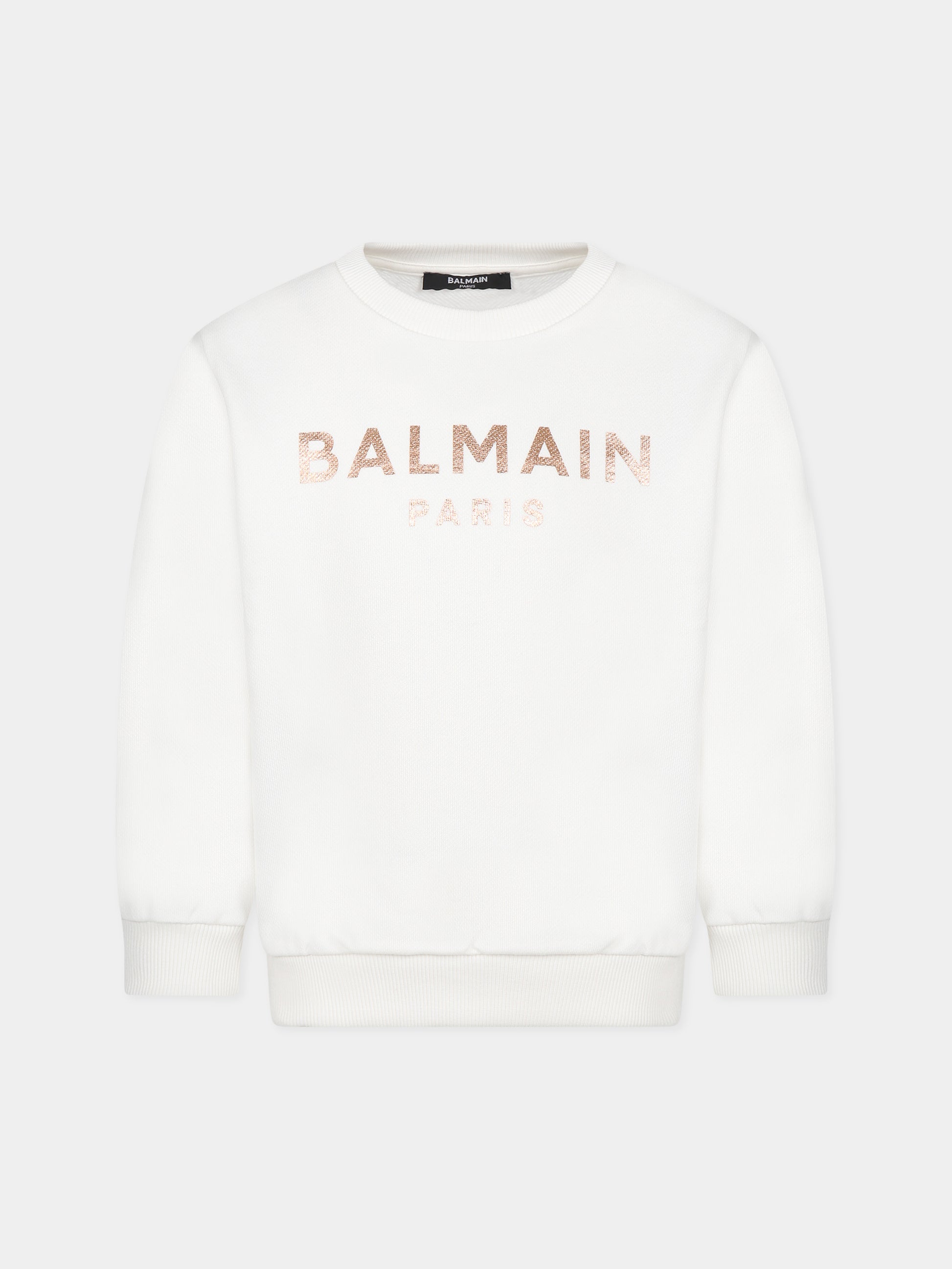 Felpa bianca con iconico logo metalizzato per bambina,Balmain Kids,BT4A60 Z0001 102